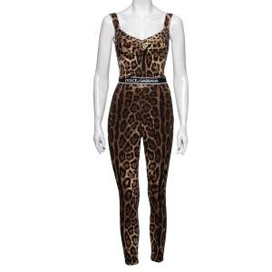 Pre Owned Dolce & Gabbana Brown Leopard Print Silk Bustier Top & Logo Waist Detail Pant Set S