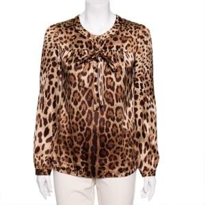Pre Owned Dolce & Gabbana Brown Leopard Print Silk Bow Tie Top M