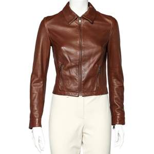 Pre Owned Dolce & Gabbana Brown Leather Zip Front Cropped Jacket S