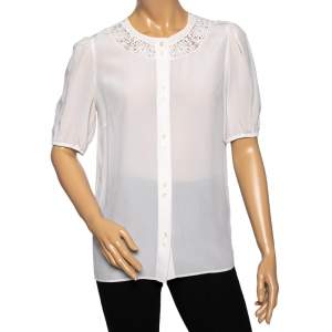 Pre Owned Dolce & Gabbana White Silk Lace Detailed Neck Top M