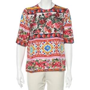 Pre Owned Dolce & Gabbana Multicolor Carretto Roses Printed Silk Top M