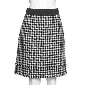 Pre Owned Dolce & Gabbana Monochrome Patterned Wool Fringe Detail Skirt M