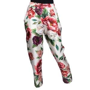 Pre Owned Dolce & Gabbana White Peony Printed Silk Pajama Pants M