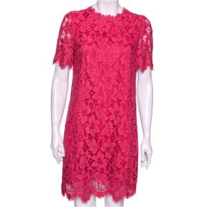 Dolce & Gabbana Pink Floral Lace Crew Neck Short Sleeve Dress M