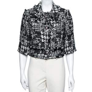 Pre Owned Dolce & Gabbana Monochrome Tweed Fringed Detail Button Front Cropped Blazer M