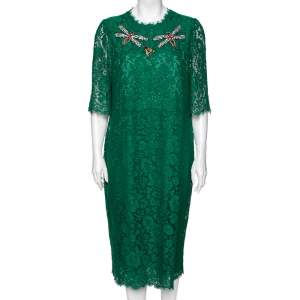 Pre Owned Dolce & Gabbana Green Lace Dragon Fly Embellished Midi Dress XL