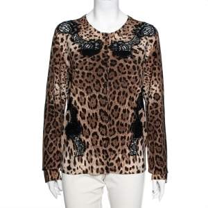 Pre Owned Dolce & Gabbana Brown Leopard Print Wool Lace Paneled Button Front Cardigan XL
