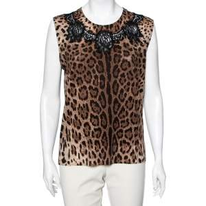 Pre Owned Dolce & Gabbana Brown Leopard Print Wool Lace Panel Sleeveless Top XL