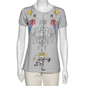 Pre Owned Dolce & Gabbana Grey Printed Cotton Crew Neck Short Sleeve Top M