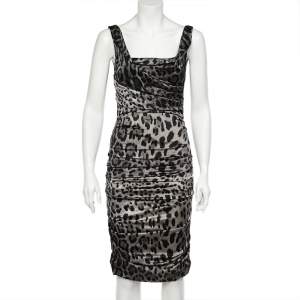 Pre Owned Dolce & Gabbana Grey Leopard Printed Silk Ruched Dress S