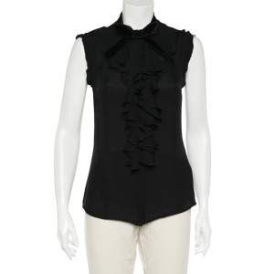 Pre Owned D&G Black Sheer Silk Ruffled Neck Sleeveless Blouse S