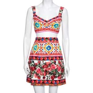 Pre Owned Dolce & Gabbana Multicolor Carretto Roses Print Cotton Crop Top & Skirt Set M