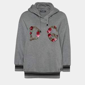 Pre Owned Dolce & Gabbana Grey Terry Knit Floral Logo Hoodie M