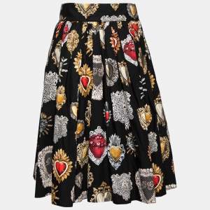 Pre Owned Dolce & Gabbana Black Sacred Heart Print Cotton Pleated Skirt M