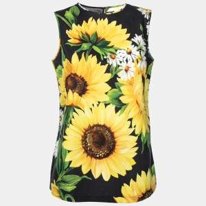 Pre Owned Dolce & Gabbana Black & Yellow Sunflower Print Cotton Top S