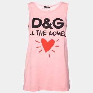 Pre Owned Dolce & Gabbana Pink Cotton Logo Printed Sleeveless T-Shirt S