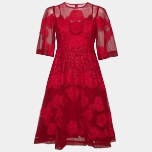 Pre Owned Dolce & Gabbana Red Tulle & lace Trimmed Flared Dress M