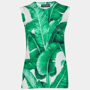Pre Owned Dolce & Gabbana Green Leaf Print Silk Knit Sleeveless Sweater M