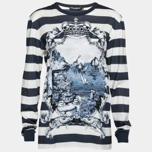 Pre Owned Dolce & Gabbana Navy Blue Striped & Printed Cotton Long Sleeve T-Shirt L