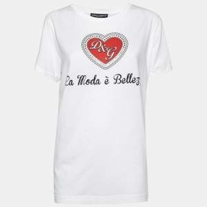 Pre Owned Dolce & Gabbana White Cotton Heart Printed and Embellished Crew Neck Top L