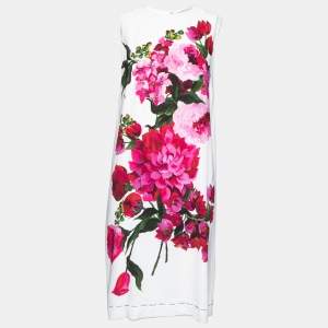 Pre Owned Dolce & Gabbana White Crepe Peony Printed Shift Dress M