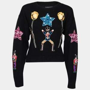 Pre Owned Dolce & Gabbana Black Knit Sequin and Beaded Embroidered Sweater M