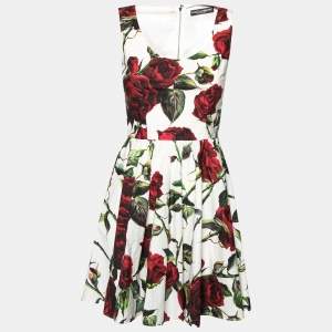 Pre Owned Dolce & Gabbana White and Red Rose Printed Pleated Sleeveless Dress S