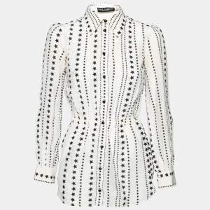 Pre Owned Dolce & Gabbana White Star Printed Silk Button Front Blouse S