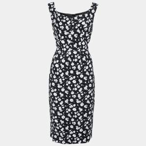 Pre Owned Dolce & Gabbana Black and White Floral Printed Crepe Sleeveless Dress L