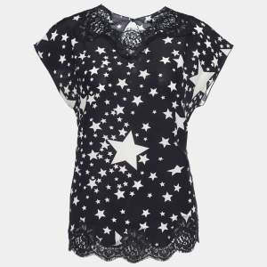 Pre Owned Dolce & Gabbana Black and White Star Printed Silk Lace Trim Blouse S