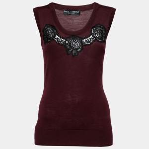 Pre Owned Dolce & Gabbana Burgundy Wool Lace Detail Sleeveless Top M
