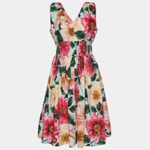 Pre Owned Dolce & Gabbana Multicolor Floral Printed Cotton V-Neck Dress M