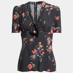 Pre Owned Dolce & Gabbana Black Floral Printed Silk Neck Tie Detailed Blouse M