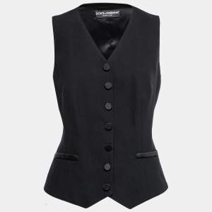 Pre Owned Dolce & Gabbana Black Wool & Silk Satin Button Front Waistcoat M