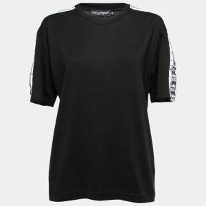 Pre Owned Dolce & Gabbana Black Cotton Logo Tape Trimmed T-Shirt L