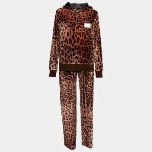 Pre Owned Dolce & Gabbana Brown Leopard Print Velvet Pants & Hoodie Set M