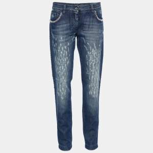 Pre Owned Dolce & Gabbana Indigo Faded Effect Denim Embellished Distressed Jeans Waist 32" 