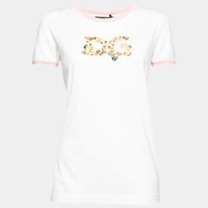 Pre Owned Dolce & Gabbana White Cotton Floral Logo Printed Short Sleeve T-Shirt M