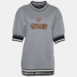Pre Owned Dolce & Gabbana Grey Rib Knit Queen Embellished Sweatshirt M