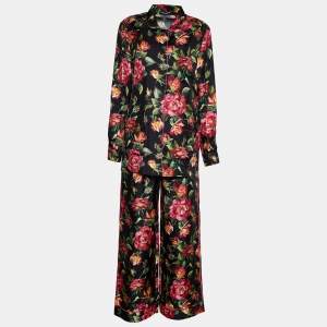 Pre Owned Dolce & Gabbana Black Floral Print Silk Lounge Shirt & Trousers Set M