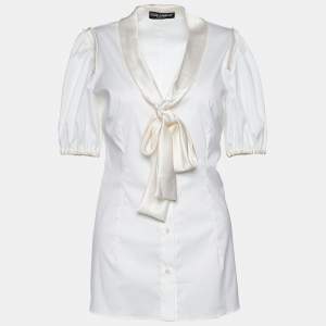 Pre Owned Dolce & Gabbana Off-White Poplin Bow Tie Blouse M