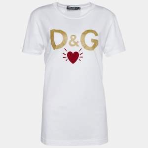 Pre Owned Dolce & Gabbana White Jersey Heart & Logo Print T-Shirt L