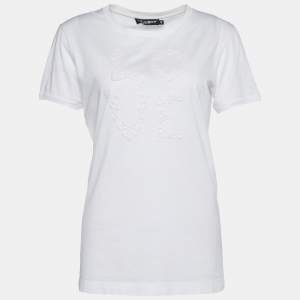 Pre Owned Dolce & Gabbana White Jersey Love Embroidered T-Shirt M