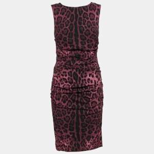 Pre Owned Dolce & Gabbana Purple Animal Print Silk Ruched Sleeveless Dress M