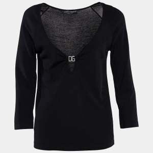Pre Owned Dolce & Gabbana Black Knit Logo Detail Long Sleeve Top M