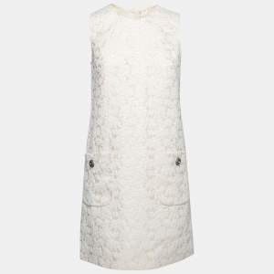 Pre Owned Dolce & Gabbana Cream Floral Embossed Jacquard Sleeveless Dress M