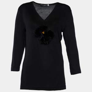 Pre Owned Dolce & Gabbana Black Jersey Flower Embellished Top L