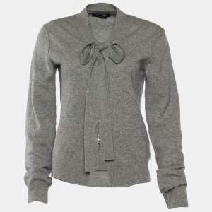 Pre Owned Dolce & Gabbana Grey Knit Tie Crystal Embellished Cardigan M