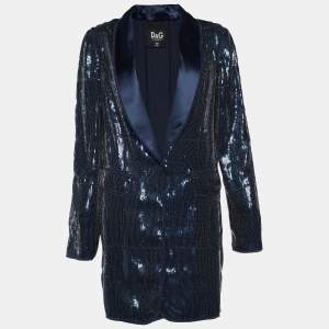 Pre Owned Dolce & Gabbana Blue Sequined Single Button Long Blazer M