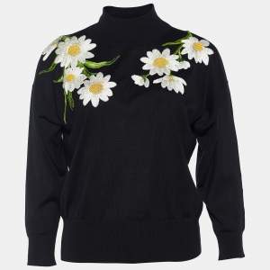 Pre Owned Dolce & Gabbana Black Silk Knit Floral Embroidered Top S